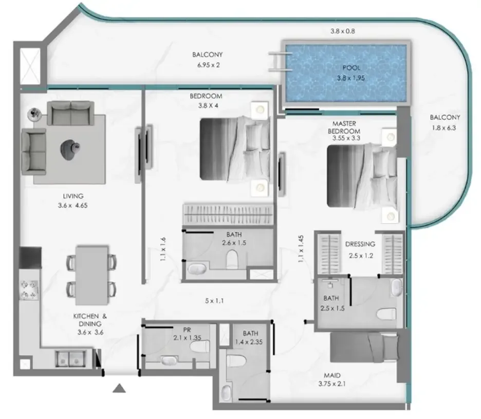 Samana Ocean Bay 2 bed floor plan, 1,435 sqft