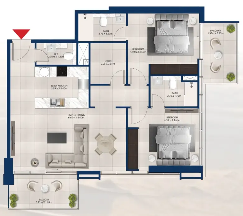 Al Vista 2 bed floor plan, 1,182 sqft