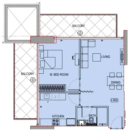 Binghatti Apex 1 bed floor plan, 905 sqft
