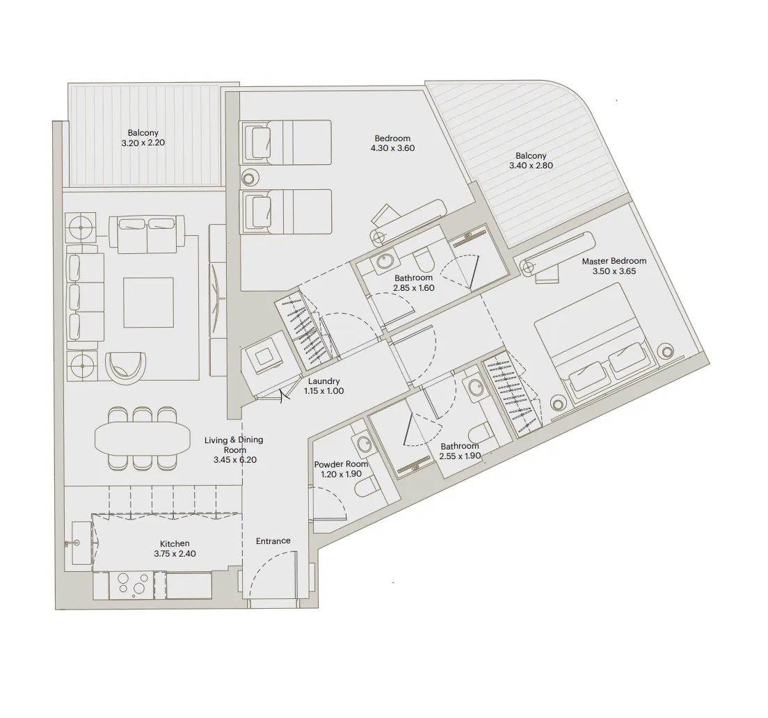 Eleve 2 bed floor plan, 1,219 sqft