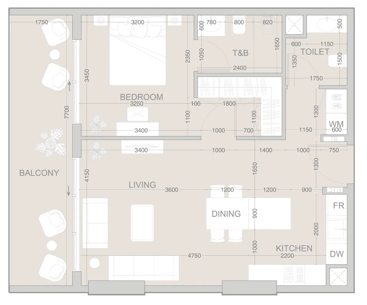 EVERGR1N House 1 bed floor plan, 812 sqft