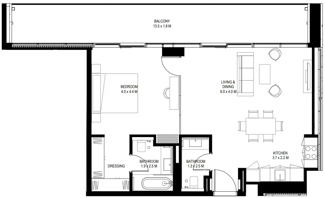 il teatro Residences 1 and 2 1 bed floor plan, 1,090 sqft