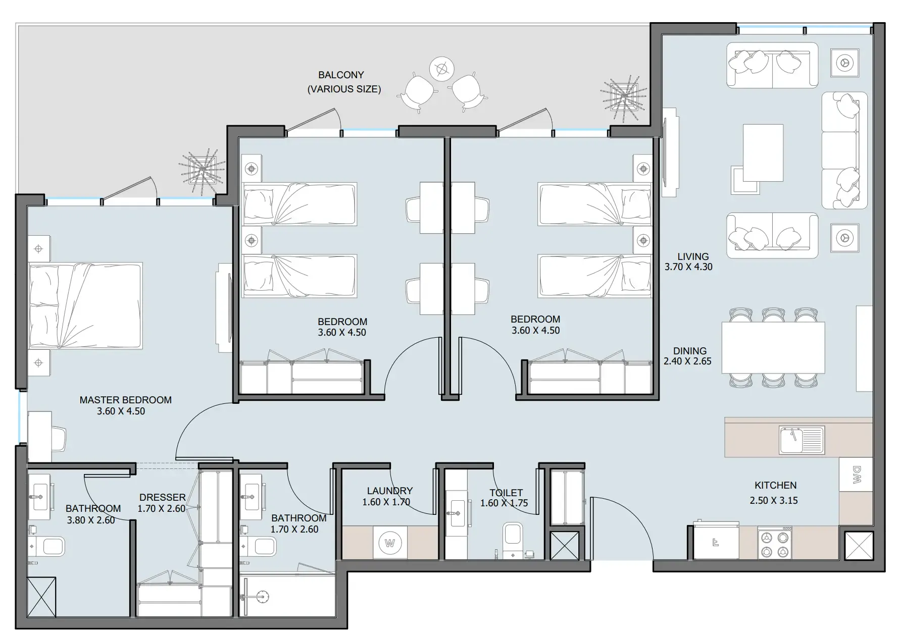 The District 3 bed floor plan, 1,590 sqft