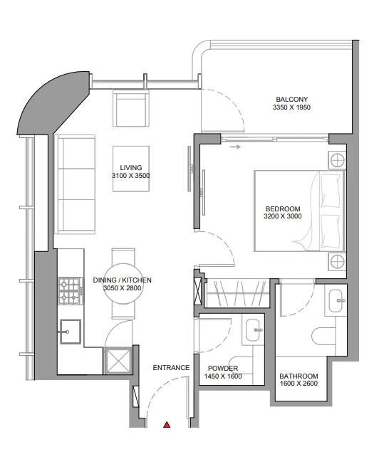 Sobha Aquamont 1 bed floor plan, 577 sqft