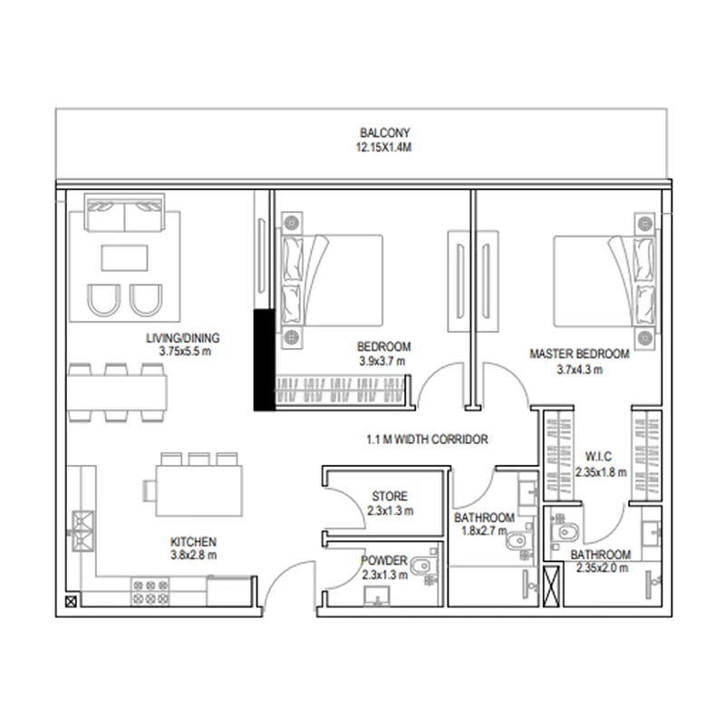 Golf Place 2 bed floor plan, 1,294 – 1,297 sqft