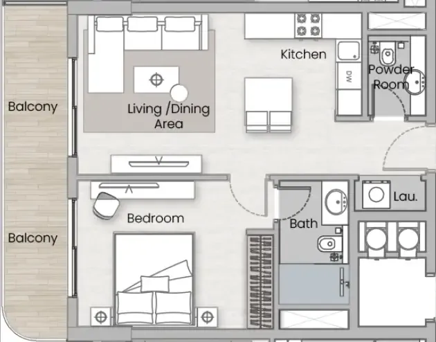 One Beverly 1 bed floor plan, 666 sqft