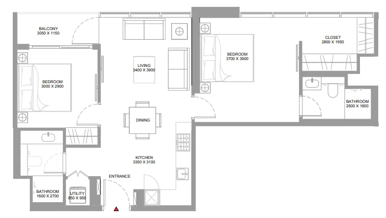 Pristine Beach Residences 2 bed floor plan, 840 sqft