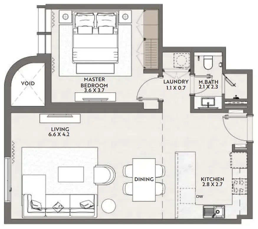 Cello by Taraf 1 bed floor plan, 733 sqft