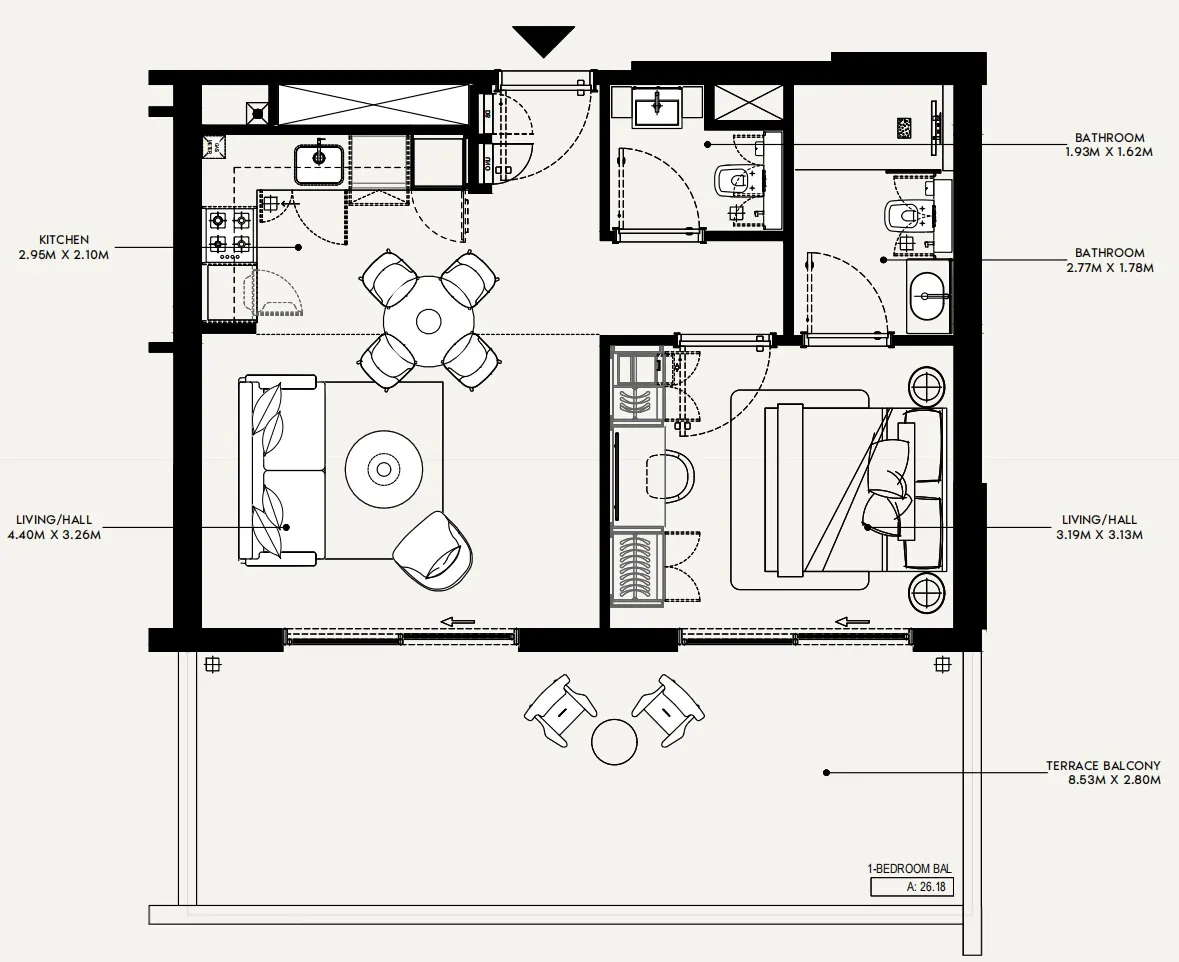 Azizi Jewel 1 bed floor plan, 833 sqft
