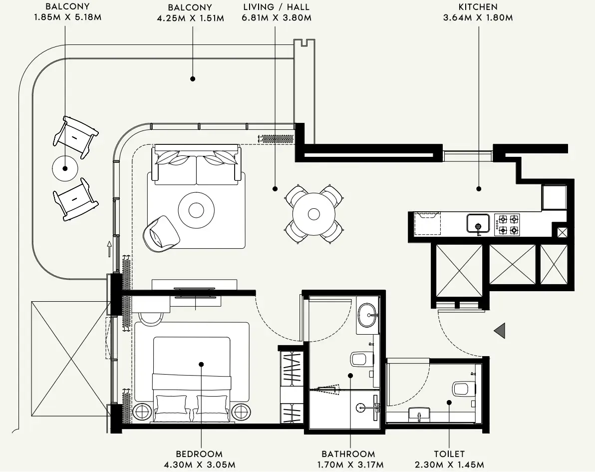 Azizi Venice 1 bed floor plan, 873 sqft