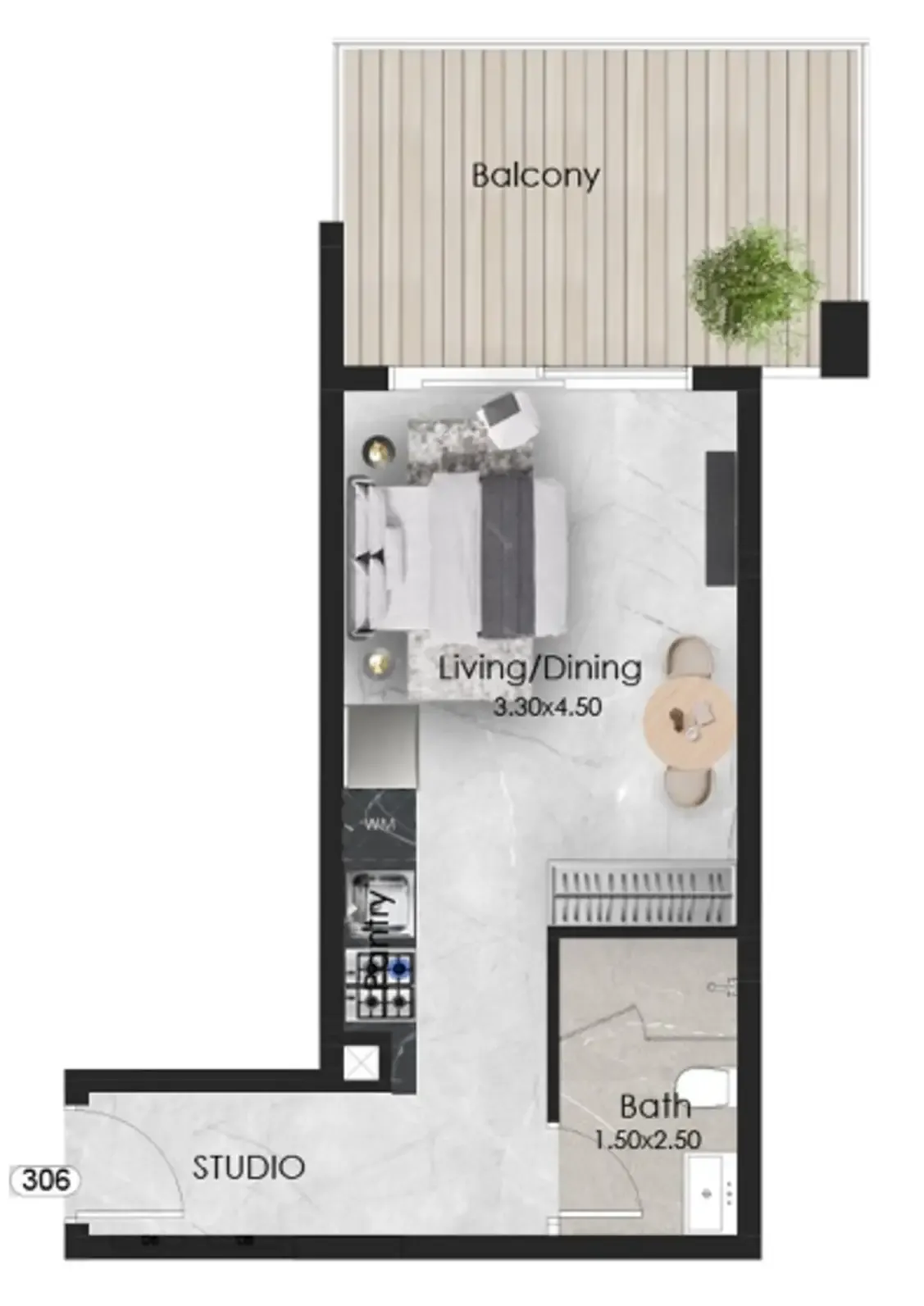 Aristo Studio floor plan, 308 – 444 sqft