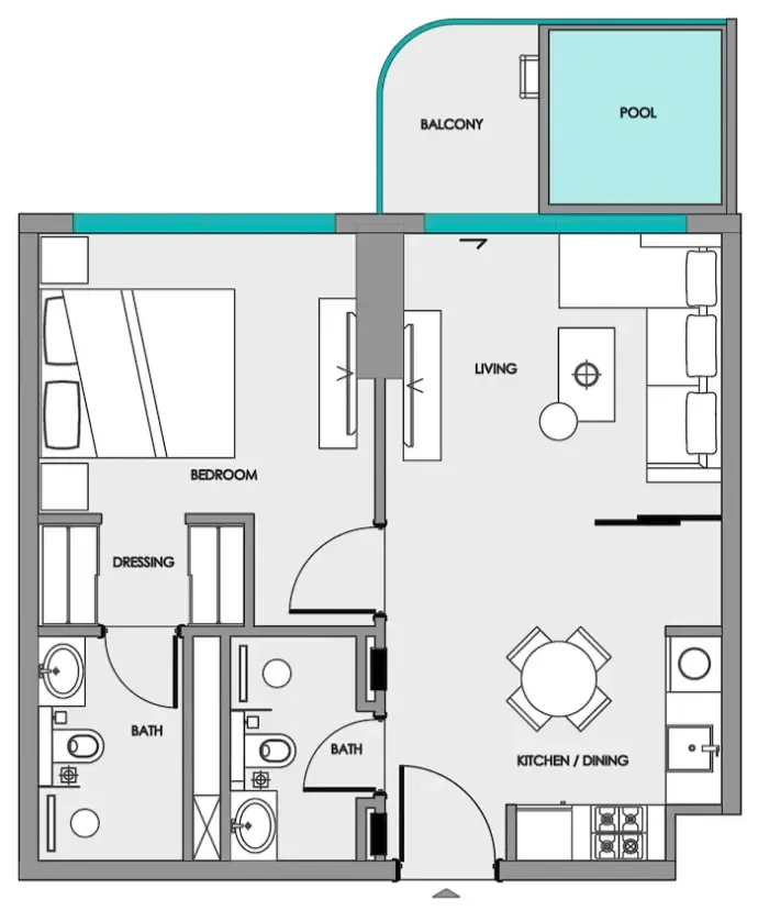 Samana Portside 1 bed floor plan, 623 – 716 sqft