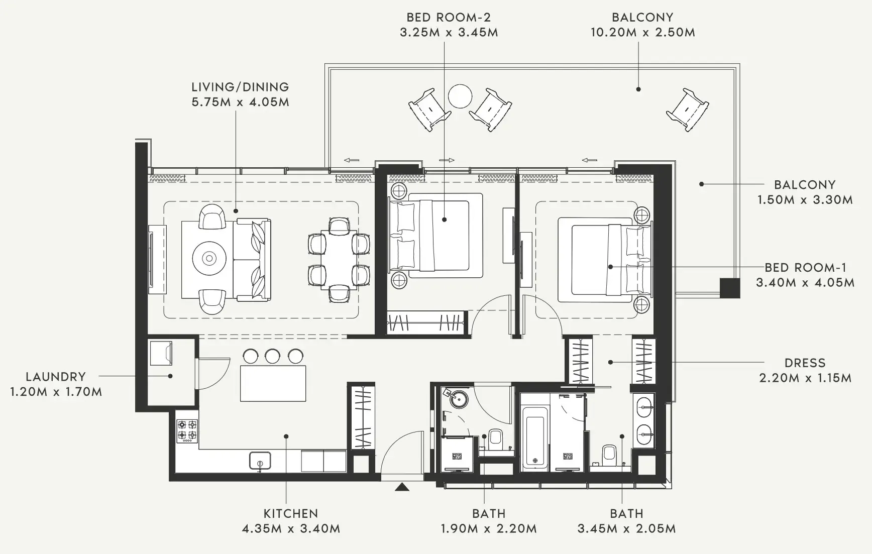 Riviera 58 2 bed floor plan, 1,425 sqft