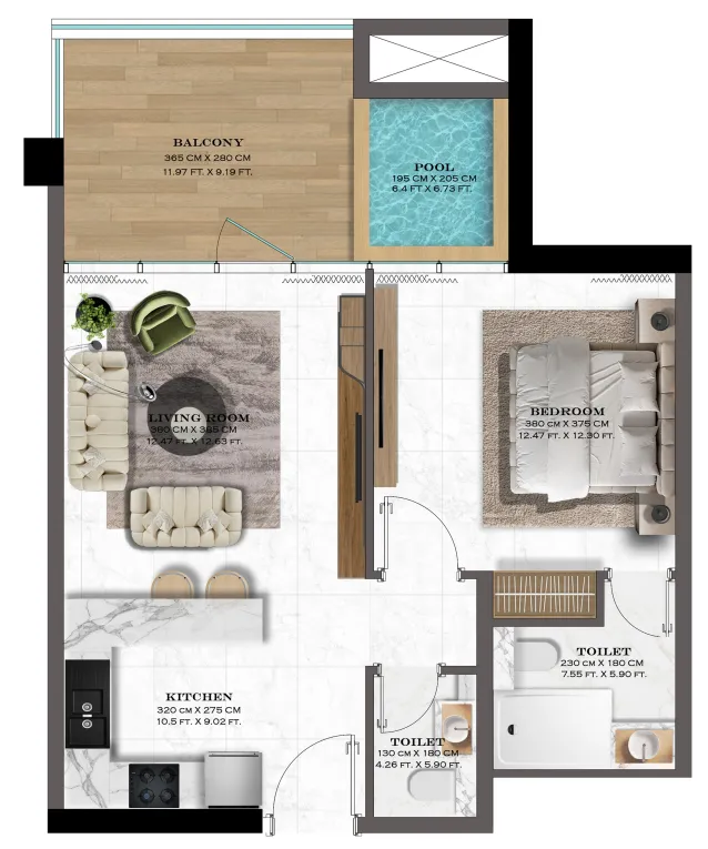 Lazord by Lapis Phases 1 and 2 1 bed floor plan, 729 sqft