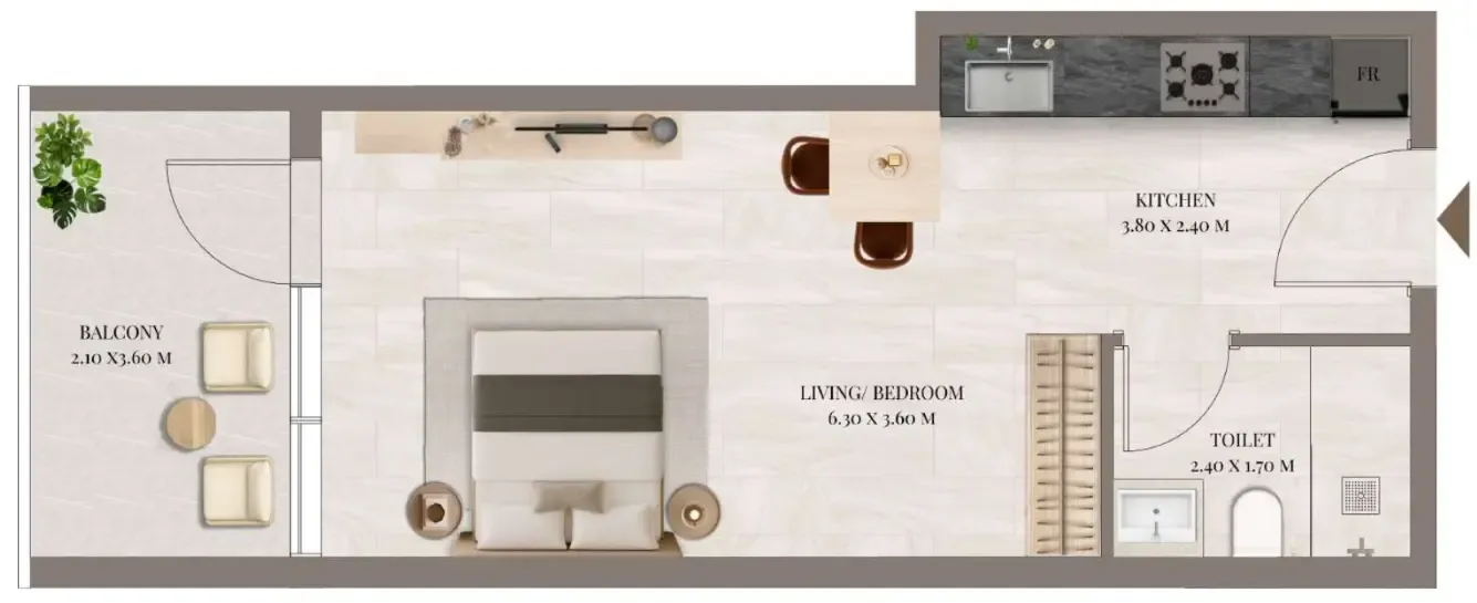 Rivo Studio floor plan, 490 sqft