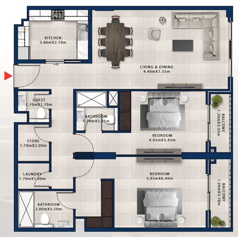 Asayel Avenue 2 bed floor plan, 1,468 sqft
