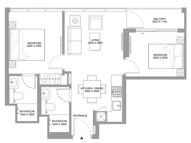 Canalside Marina Residences 2 bed floor plan, 653 sqft