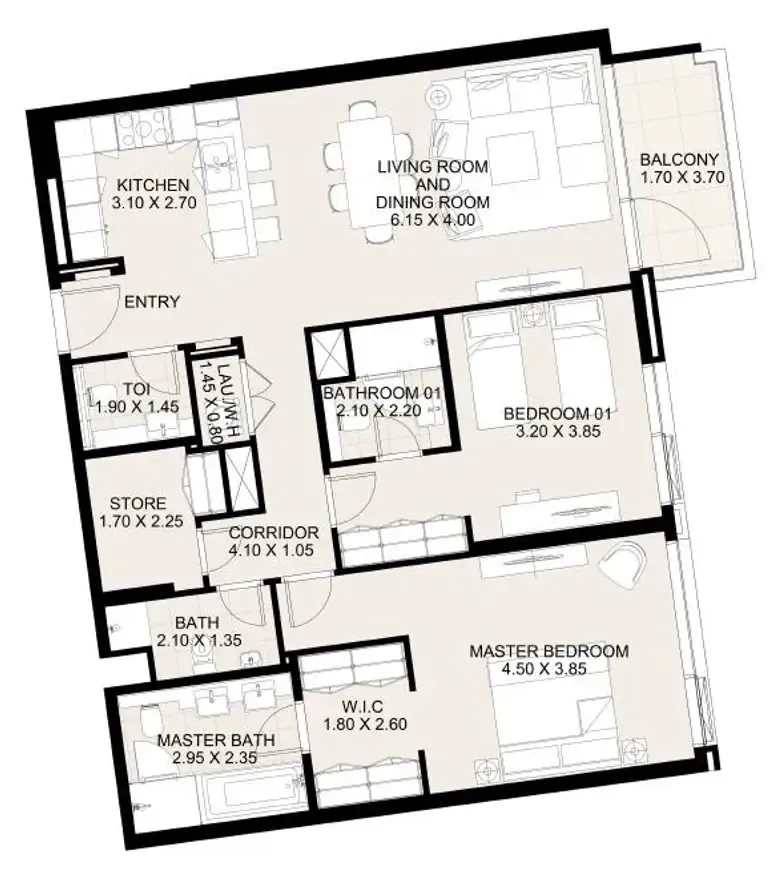 Canal Front Residences 3 and 4 2 bed floor plan, 1,339 sqft