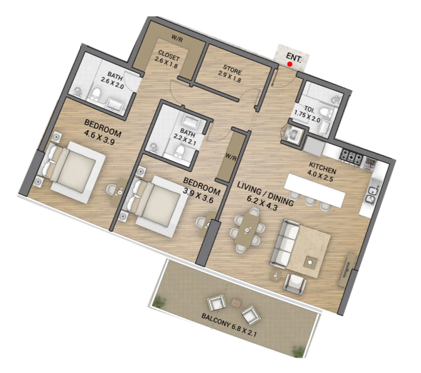 Ocean Tower 2 bed floor plan, 1,446 sqft