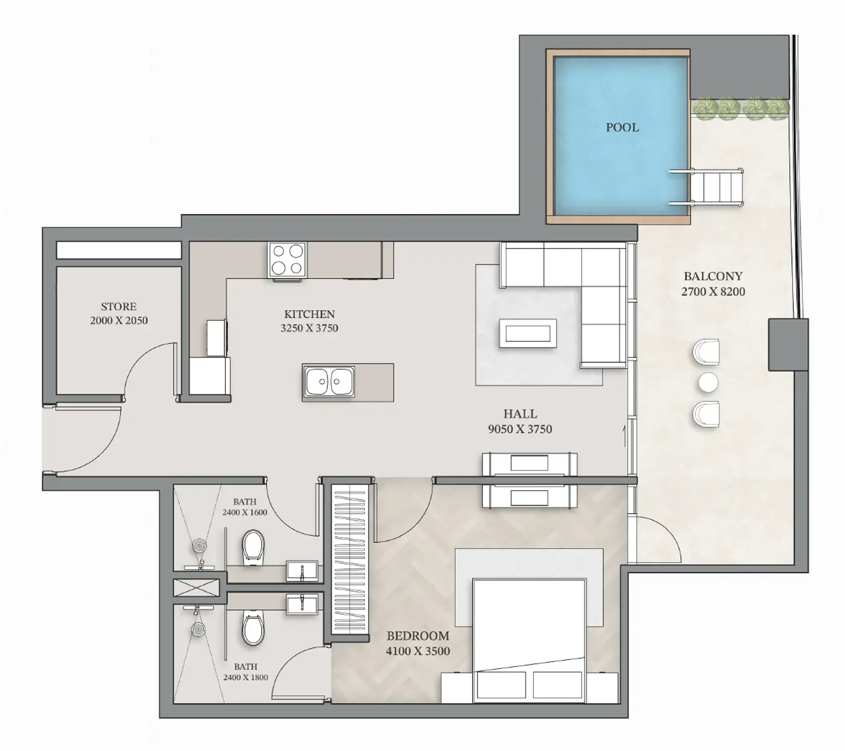 Empire Gardens 1 bed floor plan, 962 sqft