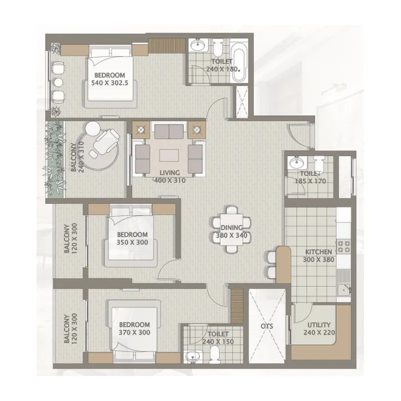 Platinum Heights 3 bed floor plan, 1,605 sqft