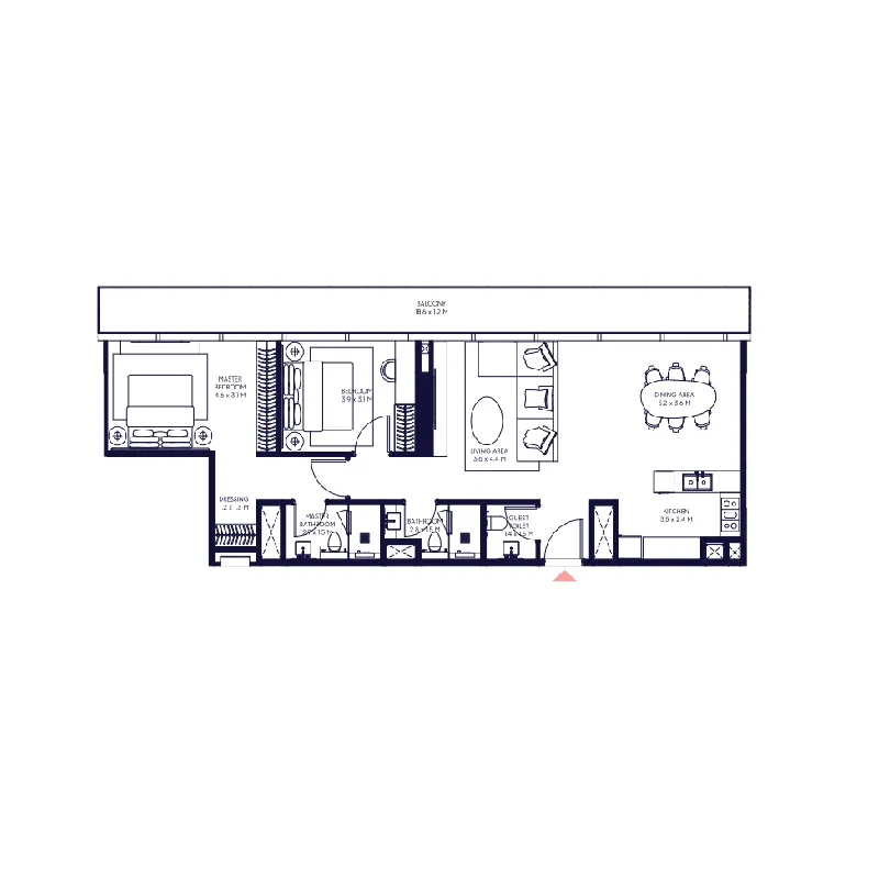 Inaura Hotels & Residences Downtown 2 bed floor plan, 1,344 sqft