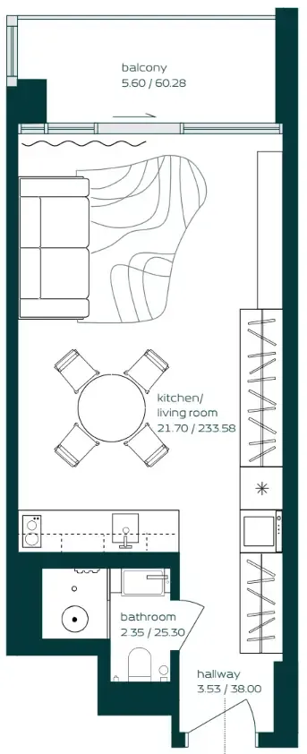 Vibe Studio floor plan, 398 sqft