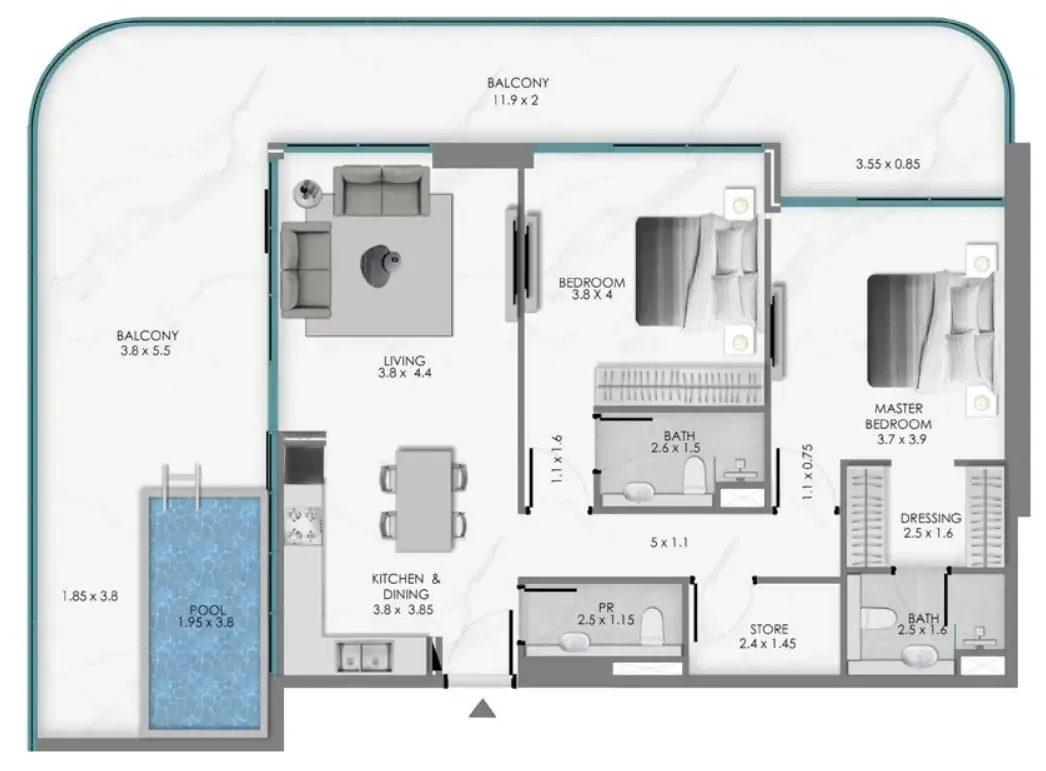 Samana Ocean Bay 2 bed floor plan, 1,761 sqft