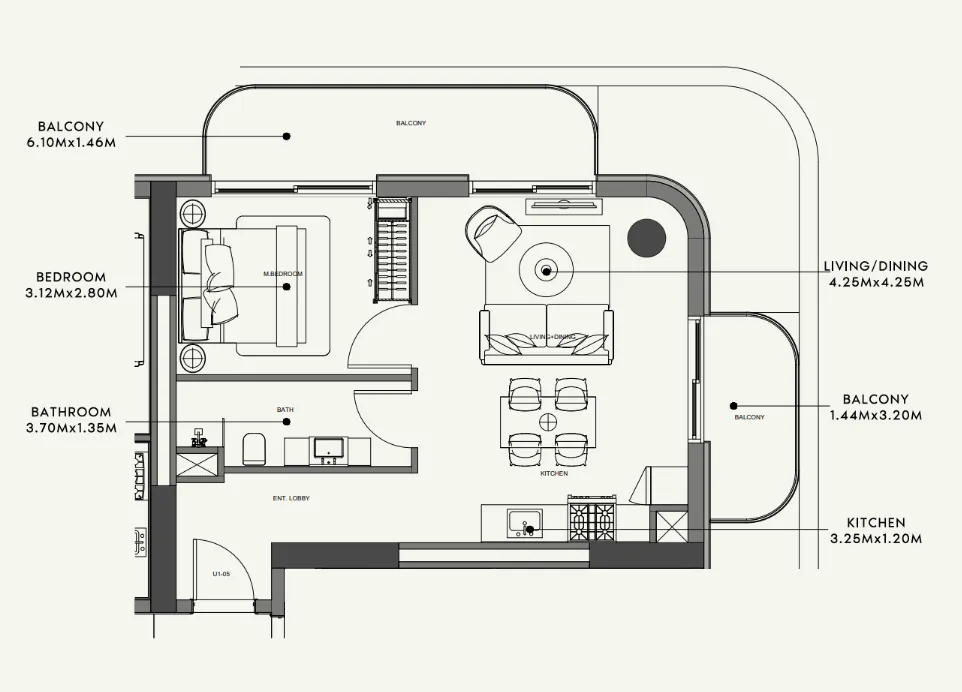 Azizi Venice 1 bed floor plan, 709 sqft
