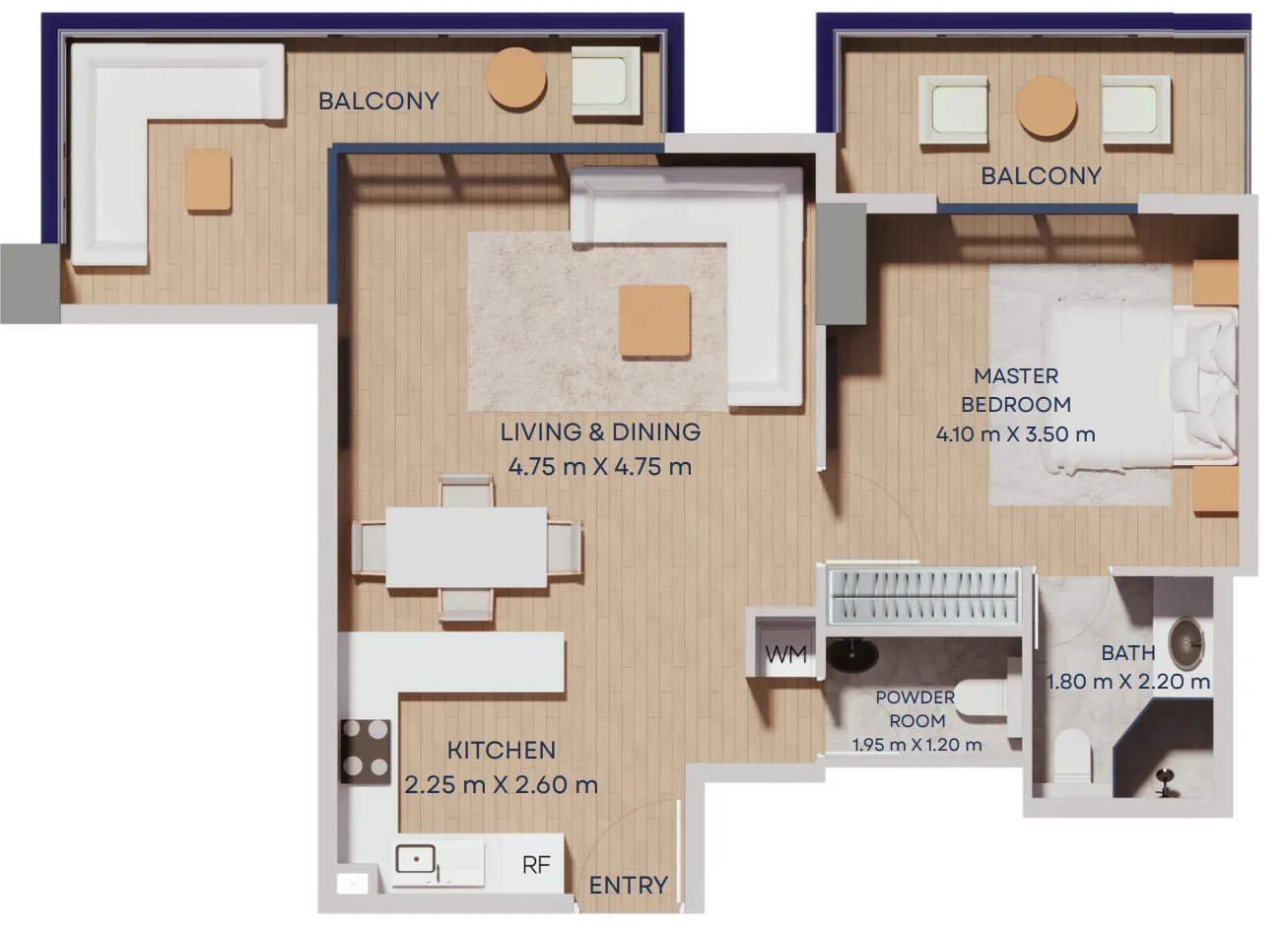 Manam Pearl 1 bed floor plan, 836 sqft
