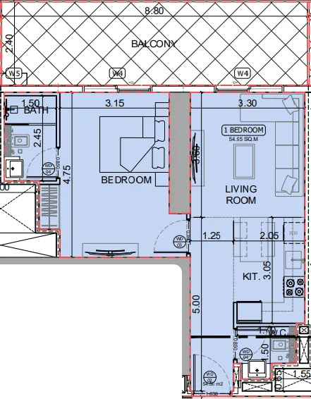 Binghatti Skyhall 1 bed floor plan, 835 sqft