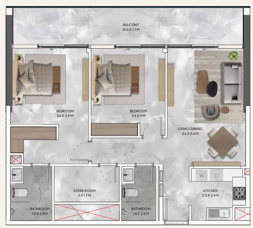 California Residences 2 bed floor plan, 1,135 sqft