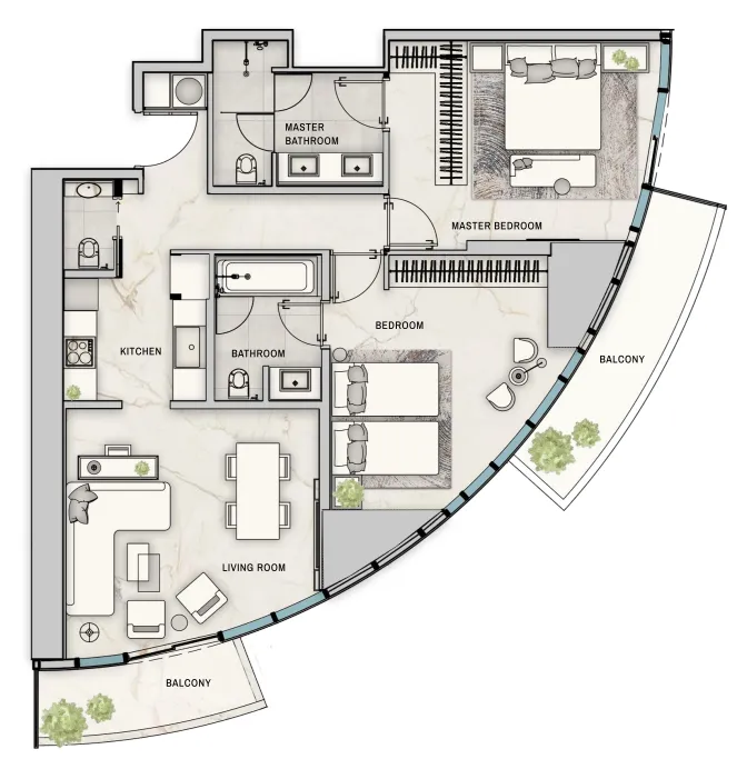 The Biltmore Residences Sufouh 2 bed floor plan, 1,270 sqft