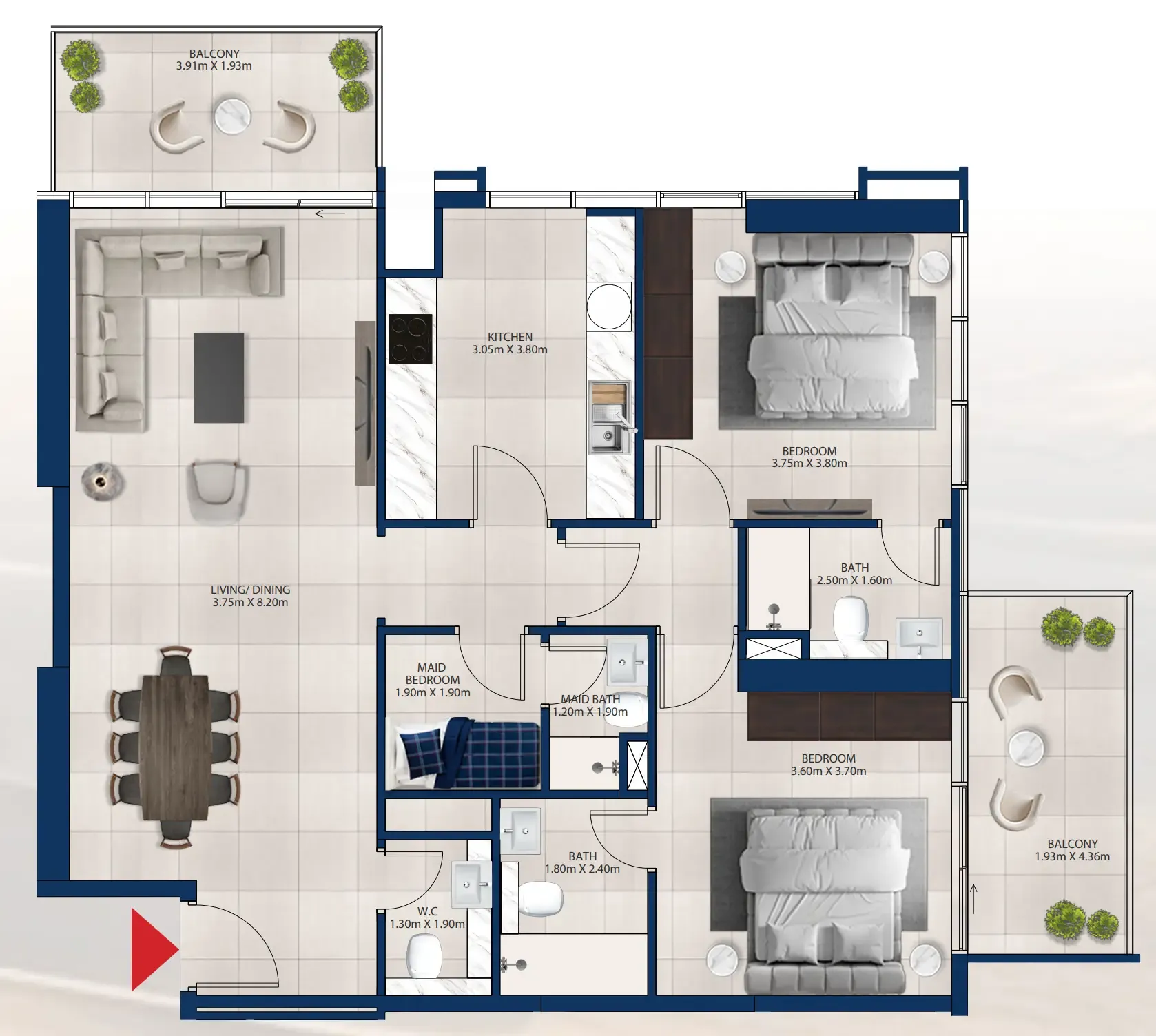 Al Vista 2 bed floor plan, 1,304 sqft
