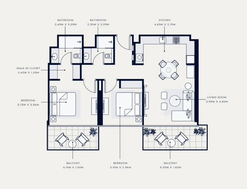 Azizi Venice 2 bed floor plan, 1,068 sqft