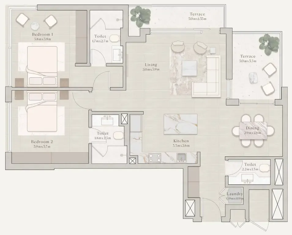 Emerge Residences 2 bed floor plan, 1,214 sqft