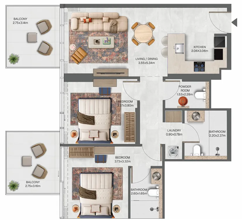 Raw District Phase 2 2 bed floor plan, 1,054 sqft