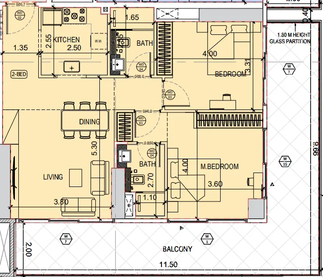 Binghatti Amberhall 2 bed floor plan, 1,266 sqft