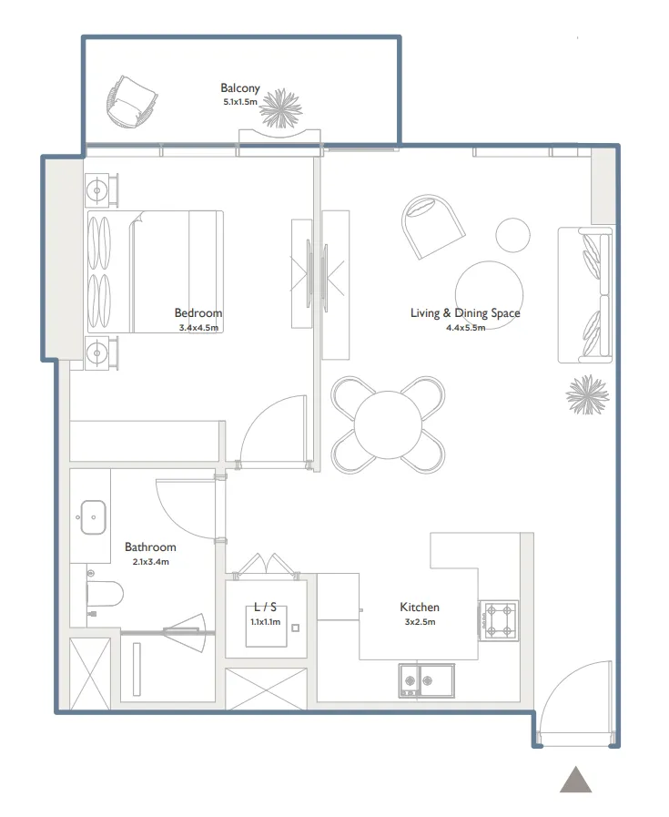 Serenia District West Residence 1 bed floor plan, 842 sqft
