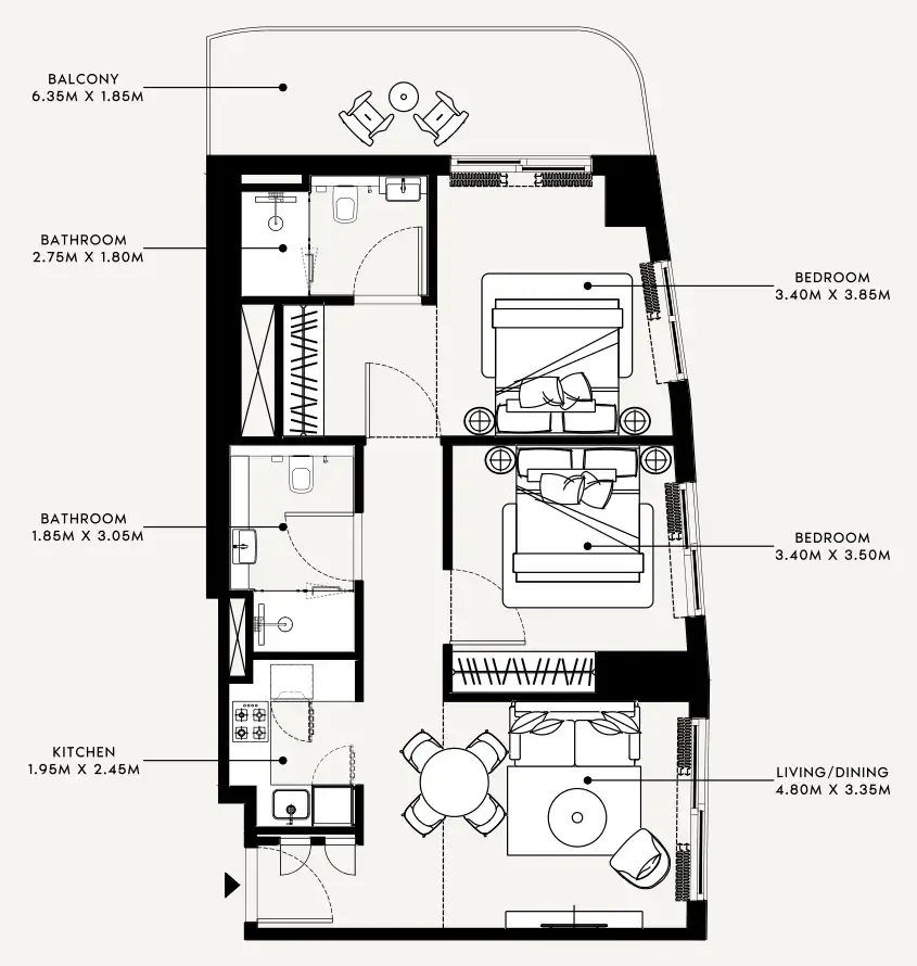 Azizi Milan 2 bed floor plan, 933 sqft