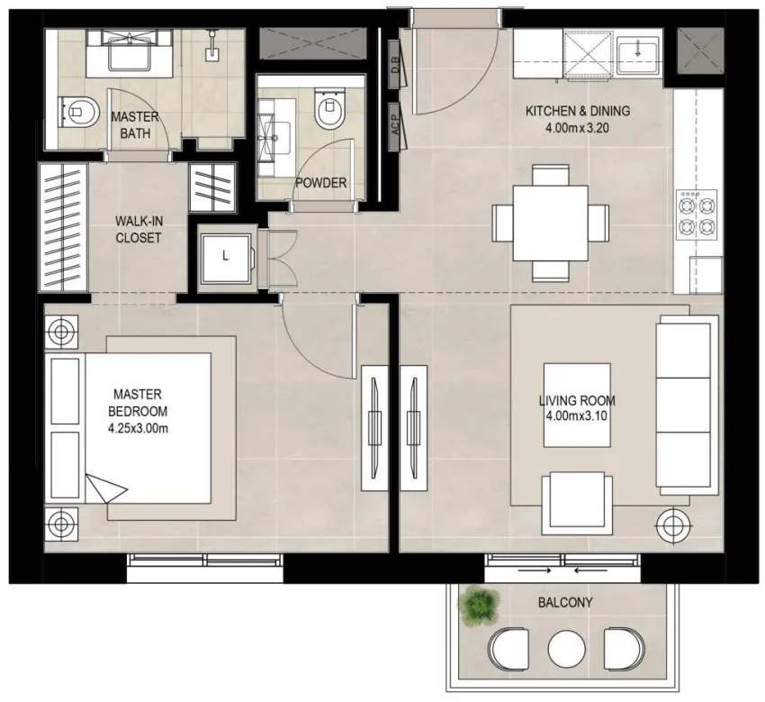 Fiori Residences 1 bed floor plan, 634 – 637 sqft