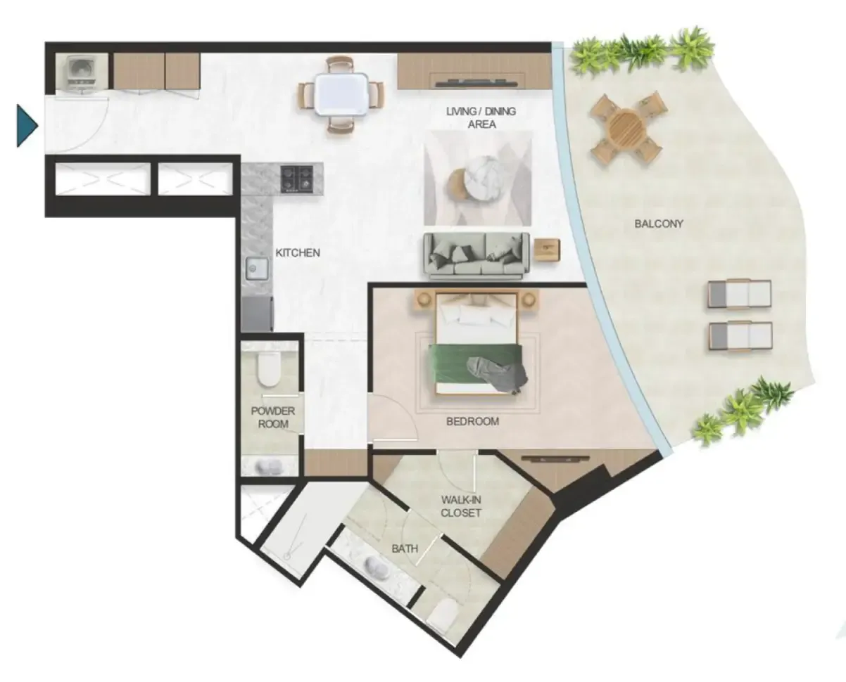 Oystra 1 bed floor plan, 1,048 sqft