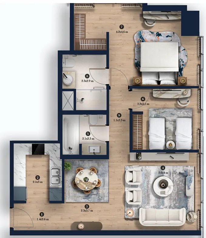 Hilton Residences Dubai JLT 2 bed floor plan, 999 sqft