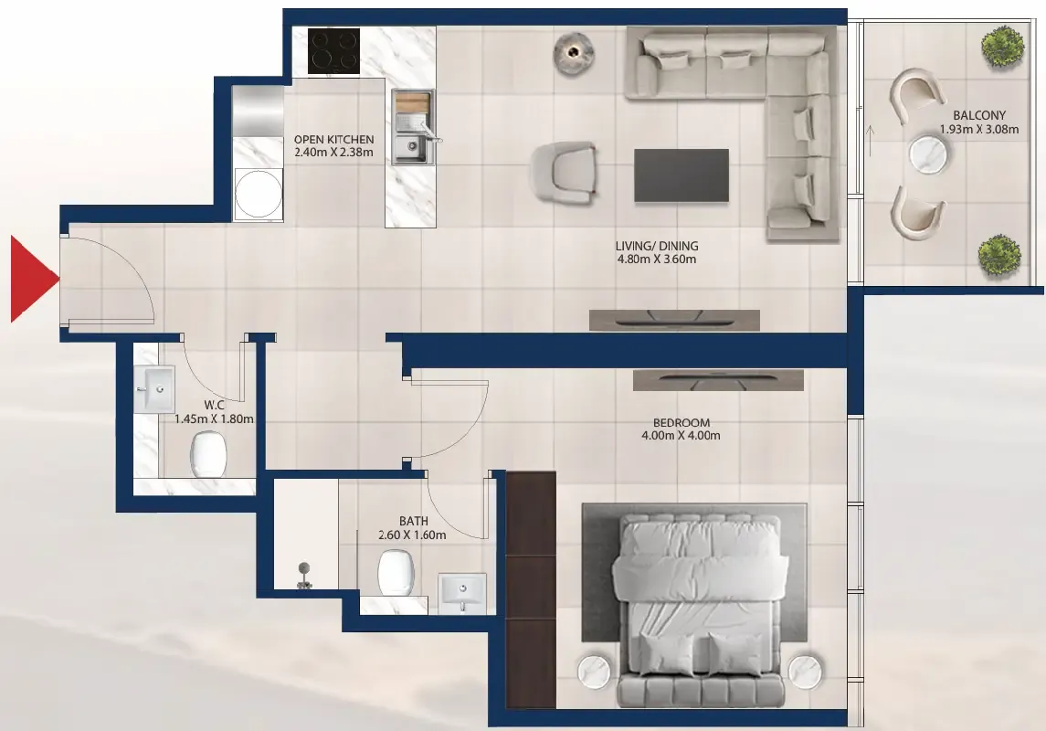 Al Vista 1 bed floor plan, 722 sqft