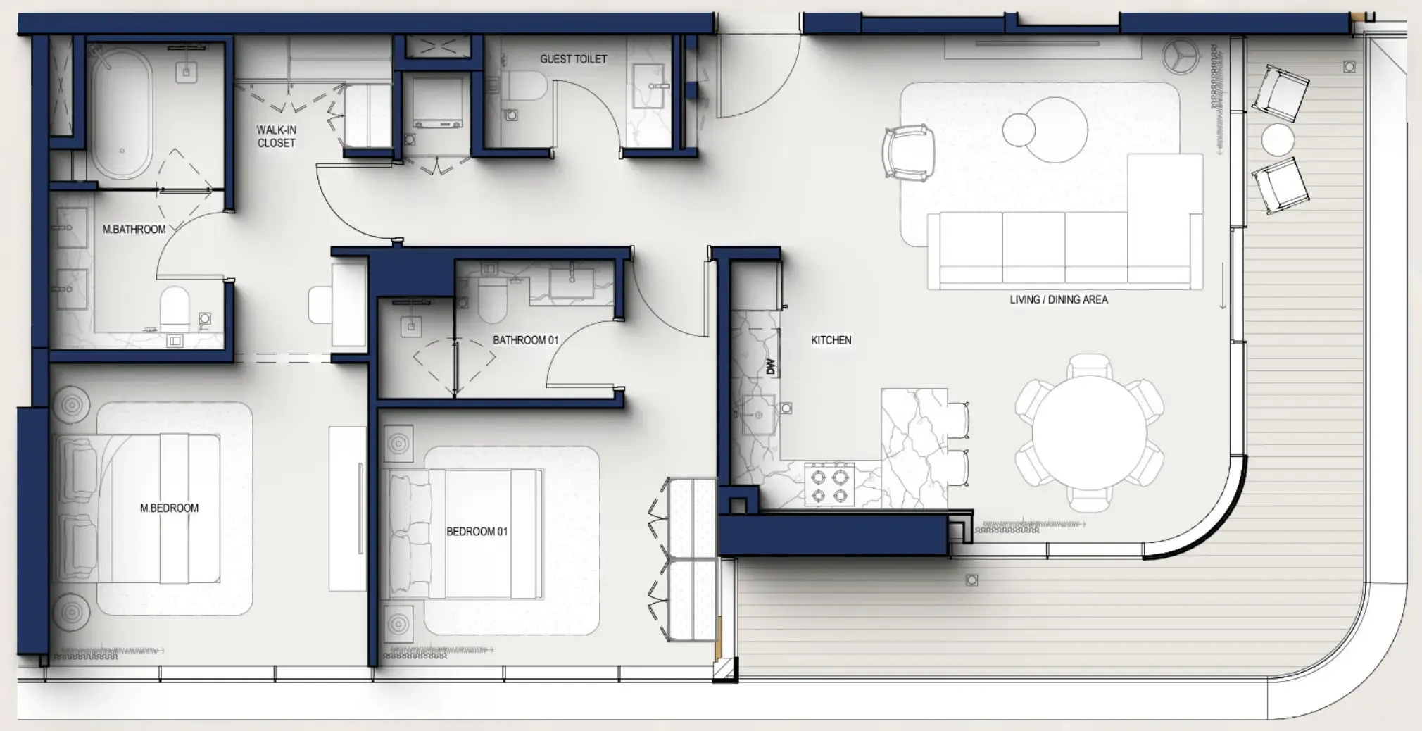 Hilton Residences 2 bed floor plan, 1,377 sqft