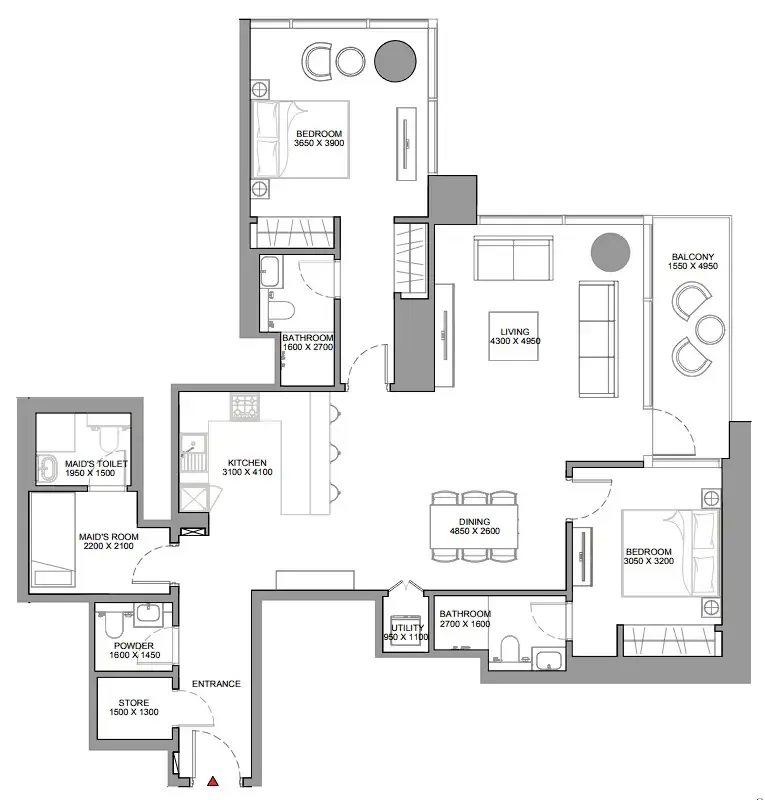 Skyscape 2 bed floor plan, 1,463 sqft