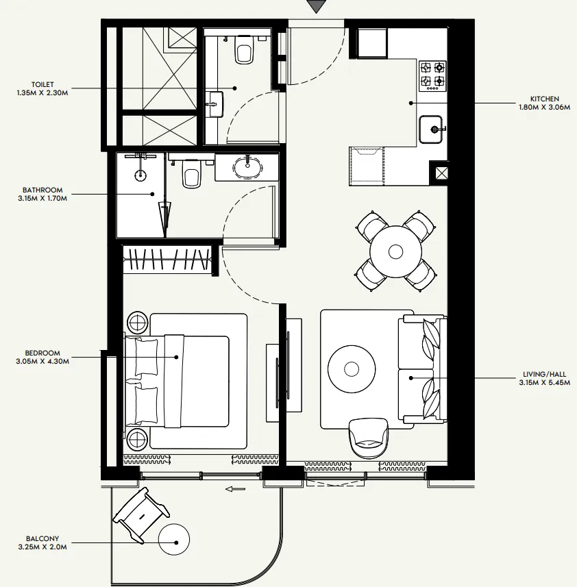 Azizi Venice 1 bed floor plan, 666 sqft