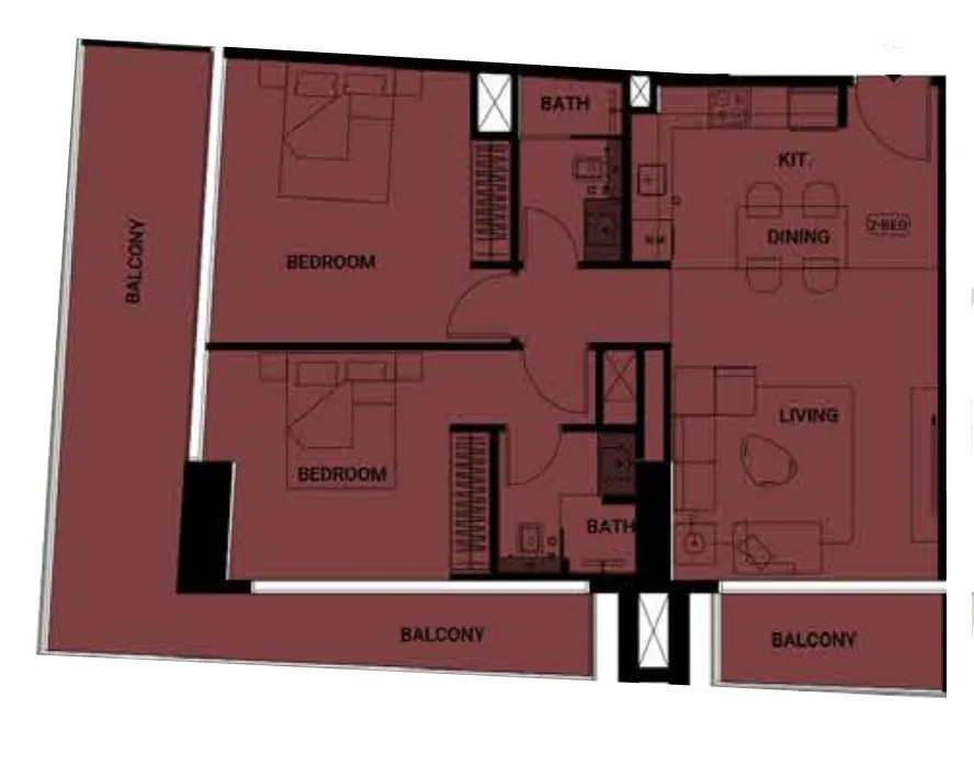 Binghatti Ruby 2 bed floor plan, 1,225 sqft