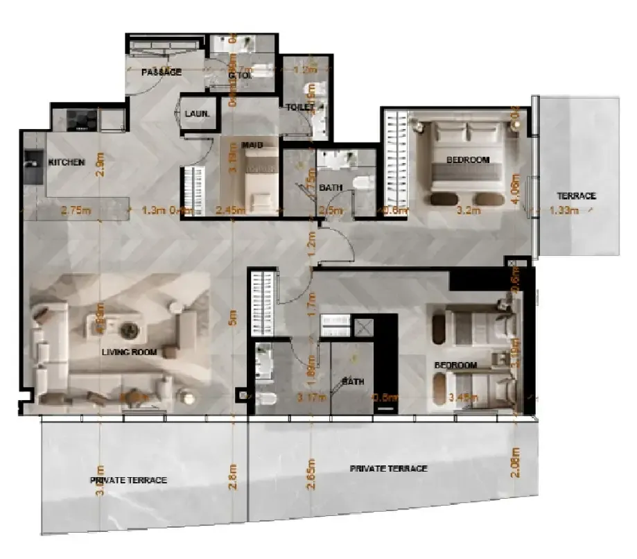 Radiant Terrace 2 bed floor plan, 1,649 sqft