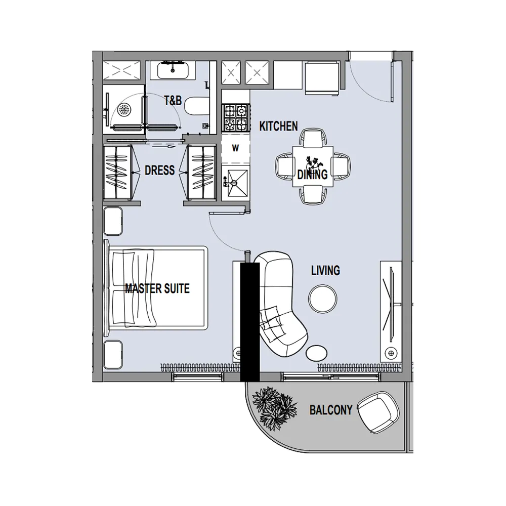 Verso 1 bed floor plan, 516 sqft